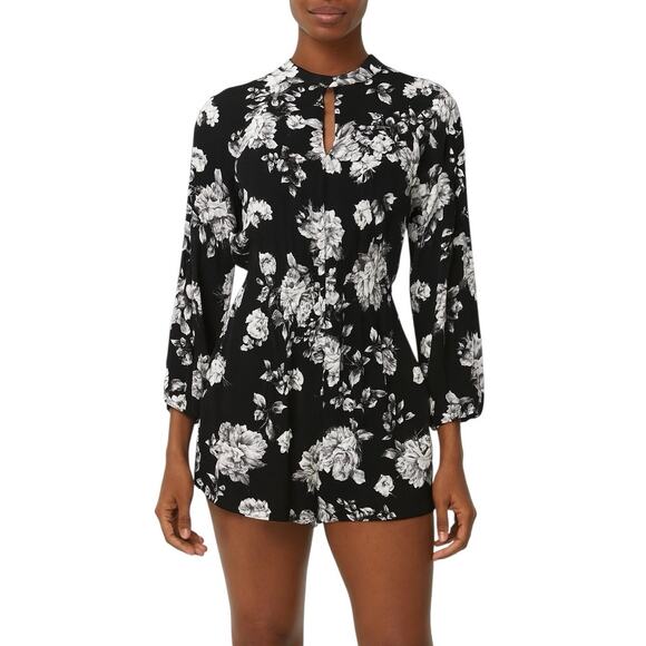 Design Lab Romper High Neck Shorts Long Sleeve Floral Black Grey White XS NWOT - Picture 1 of 14